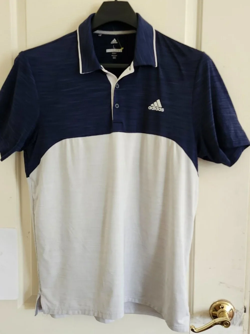 Adidas Golf Mens L Golf Shirt Polo Short Sleeve Navy Blue & Gray
